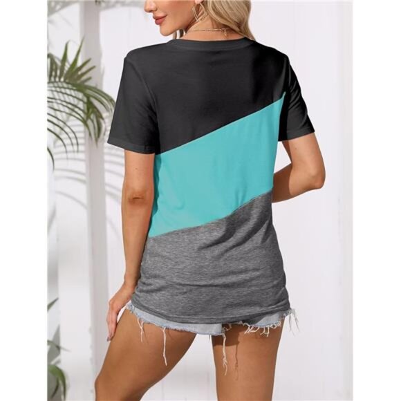 Women's T Shirts Short Sleeve Color Block/Solid Tops Casual Summer Tees - Picture 4 of 6